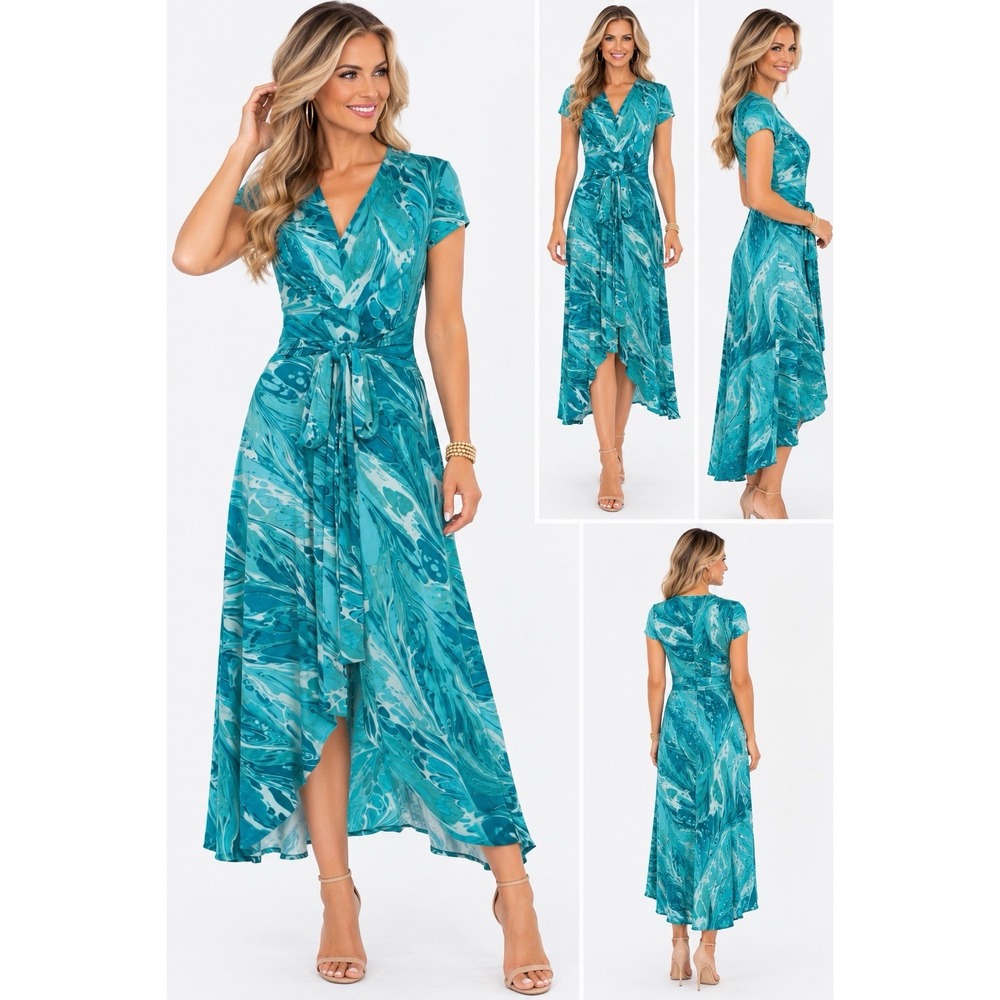 MICHAEL KORS High-Low Faux-Wrap Dress Radiant Beach Swirl Blue Green